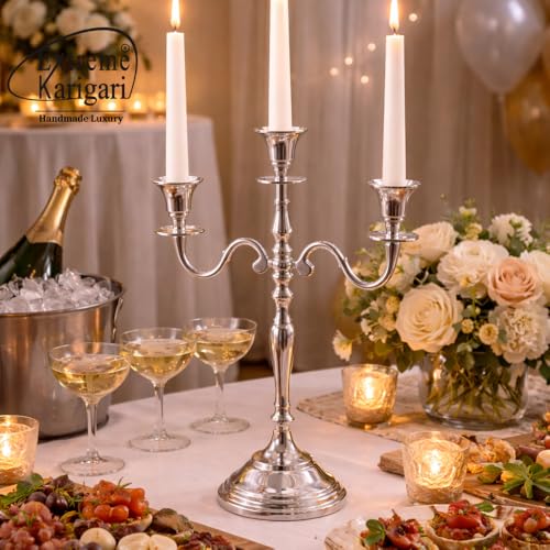 Image of 3 Arm Silver Candelabra Candle Holder | 16 Inch Tall Metal Candlestick Stand | Electroplated Finish | Dining Table, Living Room & Wedding Decor | 11.5 x 4.75 x 16inch