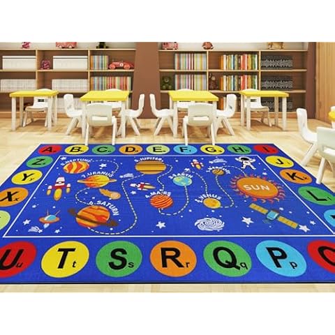Capslpad Outer Space Classroom Rugs 6.6'x9.8' Non Slip ABC Alphabet Classroom Rug Elementary Solar System Kids Carpet Playmat Rug Educational Learning Kids Area Rug for Preschool Nursery Classroom Cover