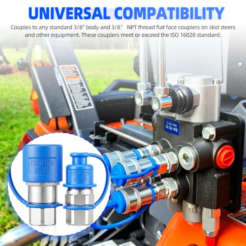 Image of 3 /8'' NPT Flat Face Hydraulic Quick Connect Couplers /Couplings Set w /Dust Caps ISO 16028 Standard, Skid Steer Bobcat 3 /8 Body Quick Disconnect 2Set