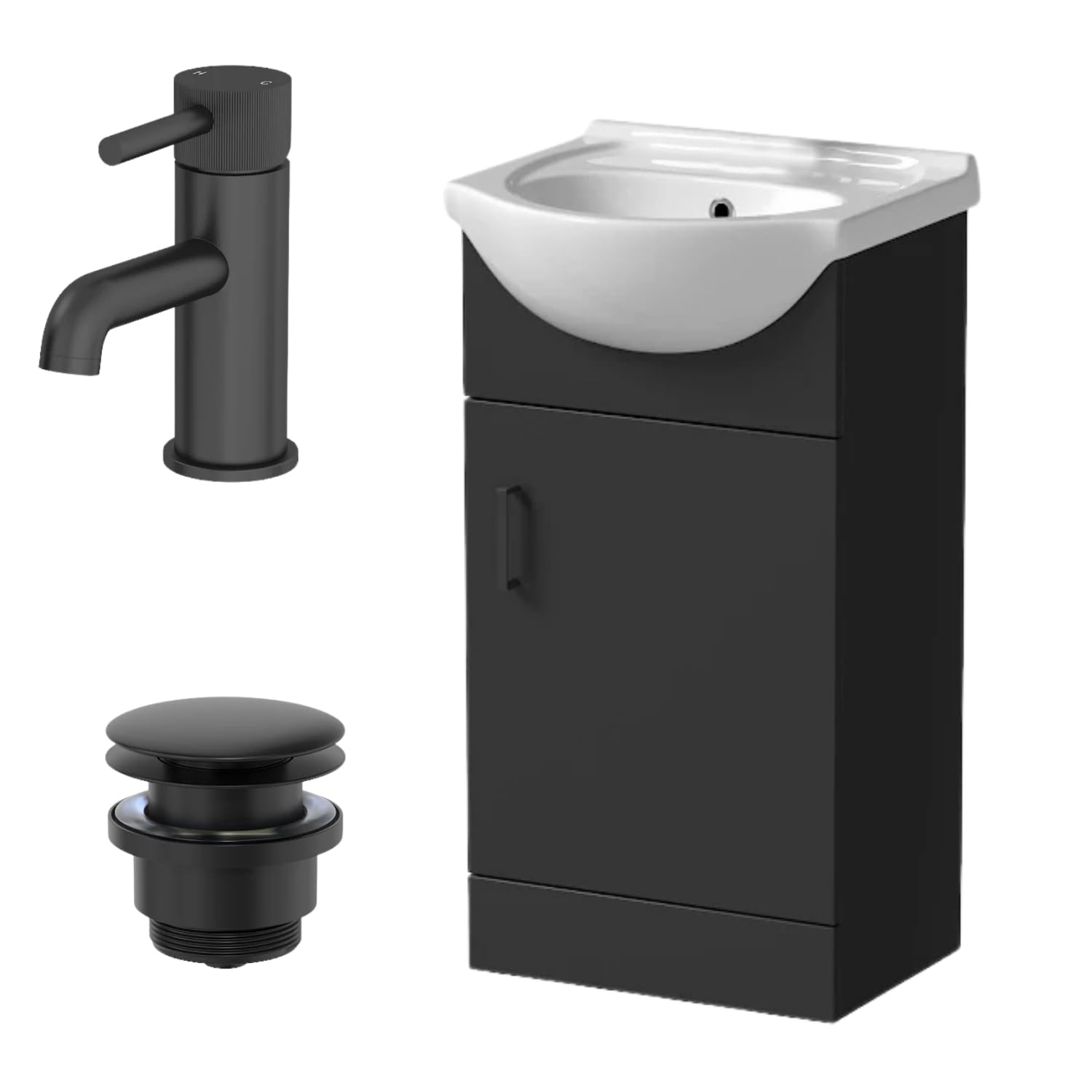 Affine® 560mm Bathroom Vanity Unit Ceramic Sink Floorstanding Storage Cabinet Cupboard & Essentials Basin Tap & Waste Set, Matt Black