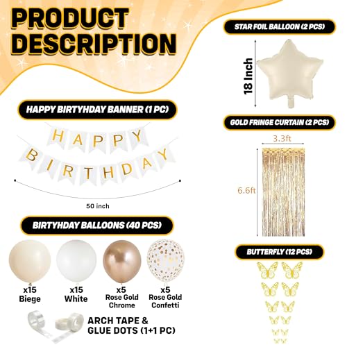 Image of Party Propz Golden and White Birthday Decoration Kit - 59 Pcs,Chrome & Confetti Balloons for Decor,Butterfly Birthday Theme Decoration, Banner, Fringe Curtains, Star Foil Balloon, 3D Butterfly Accent