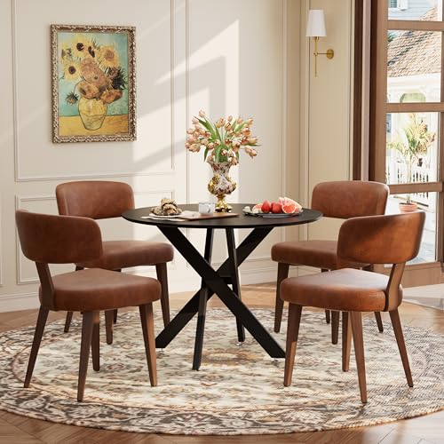 Image of Wood Dining Table Set for 4, 36 inch Round Kitchen Table with 4 Faux Leather Dining Chairs, MDF Tabletop with Metal Legs, Ergonomic Dining Chair with Metal Legs(Black Table with Brown Chairs)