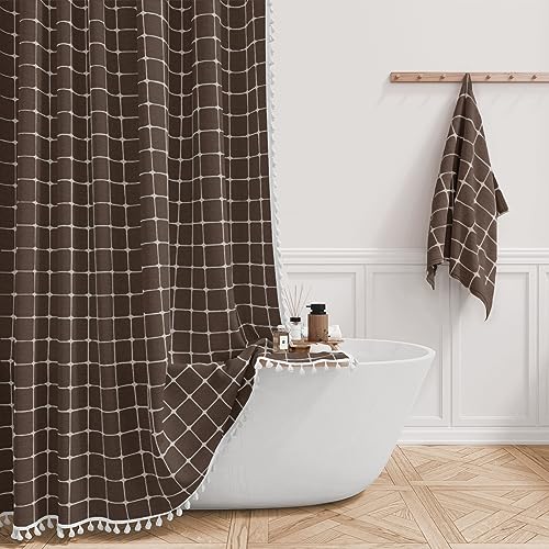 Image of BTTN Stall Fabric Shower Curtain - 54x78 Inches Boho Linen Heavy Duty Tassel Shower Curtain Set with 10 Hooks, Narrow Rustic Modern Farmhouse Neutral Cloth Thick Shower Curtains for Bathroom - Brown