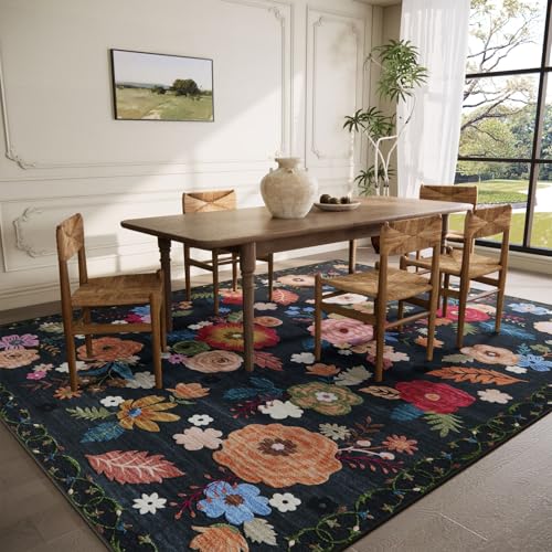 Washable Area Rugs for Living Room: 6x9 Bedroom Rug Vintage Floral Large Rug Stain Resistant Non Slip Low Pile Faux Wool Soft Rugs for Entryway Dining Room Bedside Kitchen Nursery Home