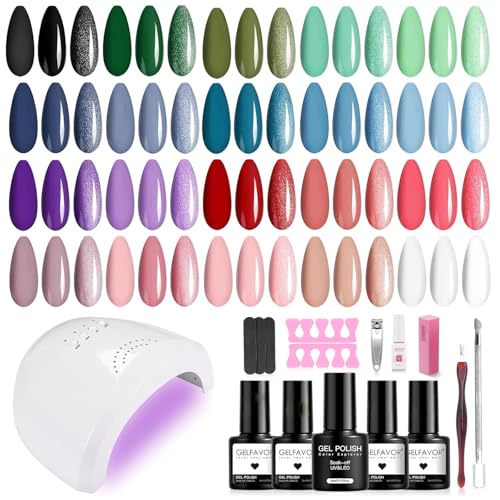 GELFAVOR Kit Uñas Semipermanentes con Lámpara 48W, 20+4 Piezas Verde Azul Violeta Rojo Rosa Colores Esmaltes en Gel, Uñas Semipermanente Kit Completo Regalos Principiantes