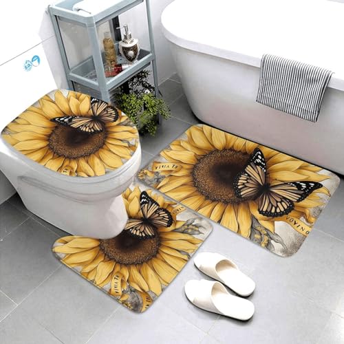 Dwrepo Butterfly and Sunflower Print Bathroom Rug Set 3 Piece with Non-Slip U-Shaped Contour Mat and Toilet Lid Cover for Bathroom Decoration