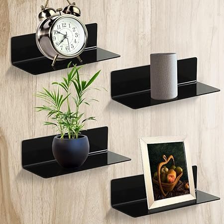 AVIAXO 4 Pcs Acrylic Floating Shelves Black Wall Shelf No Drill Display Shelf Acrylic Floating Wall Shelves Invisible Floating Storage Rack Wall Mounted Acrylic Bathroom Shelf for Office Home-image-18