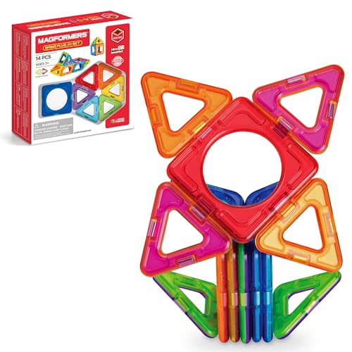 MAGFORMERS Basic Plus 14Piece, Rainbow Colors, Educational Magnetic Geometric Shapes Tiles Building STEM Toy Set Ages 3+