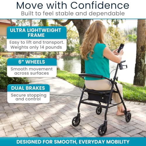 Image of Vive Ultra Lightweight Rollator Walker with Seat - Foldable, Narrow, Rolling Senior Walker for Small Spaces - 4 Wheel Aluminum Adult Easy Drive Aid with Underseat Accessory