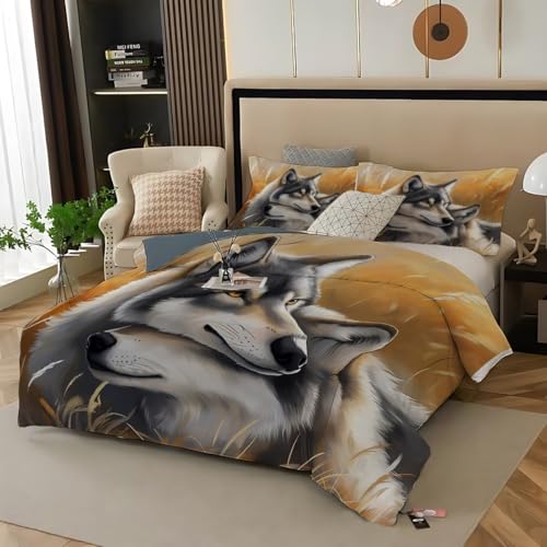 Parure de lit loup gris aquarelle King Size housse de couette microfibre 3 pièces - 3