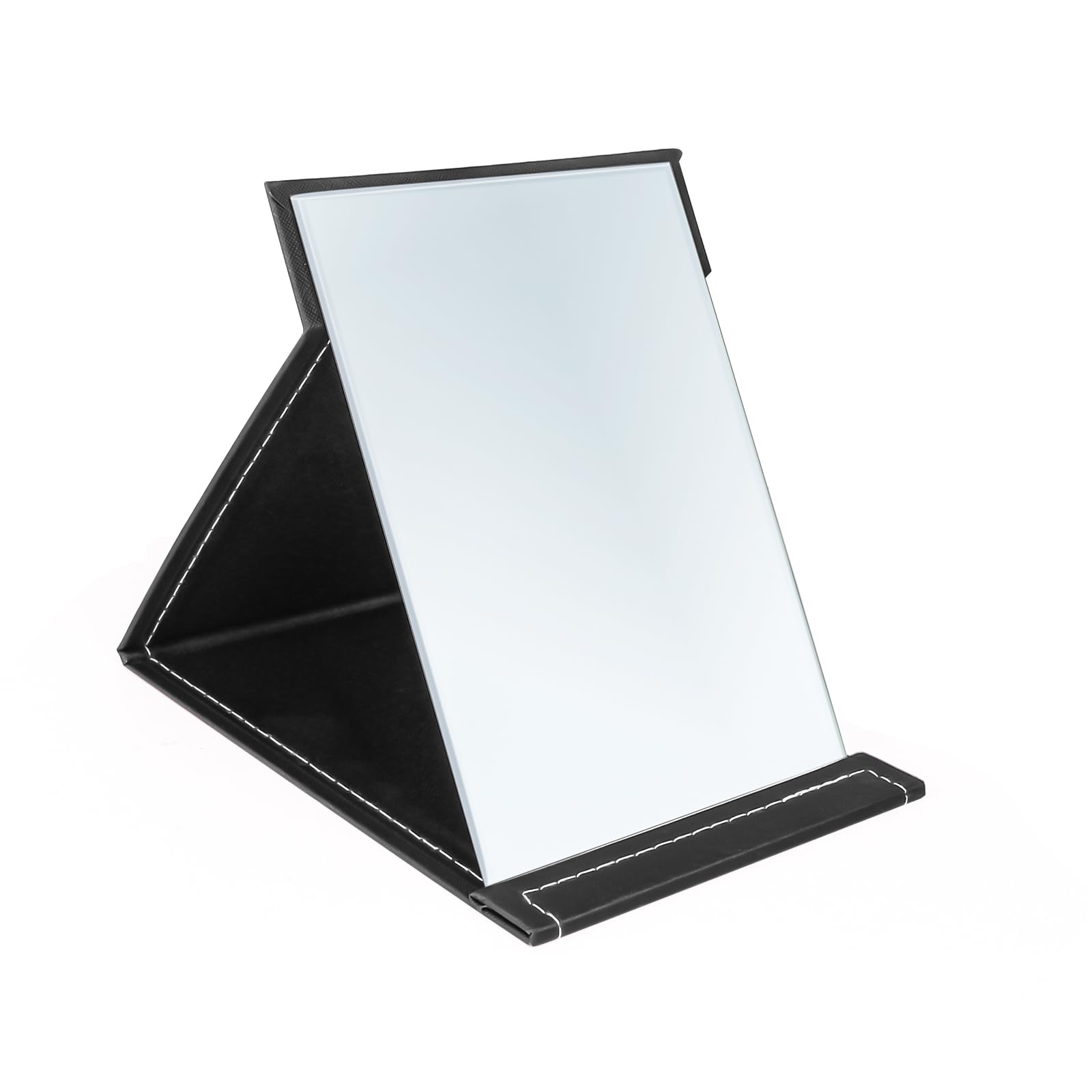 Yatnks 6x8 Inches Makeup Mirror, Portable PU Leather Folding Desktop Vanity Mirror with Adjustable Stand for Vanity Table, Office, Travel (M, Black)