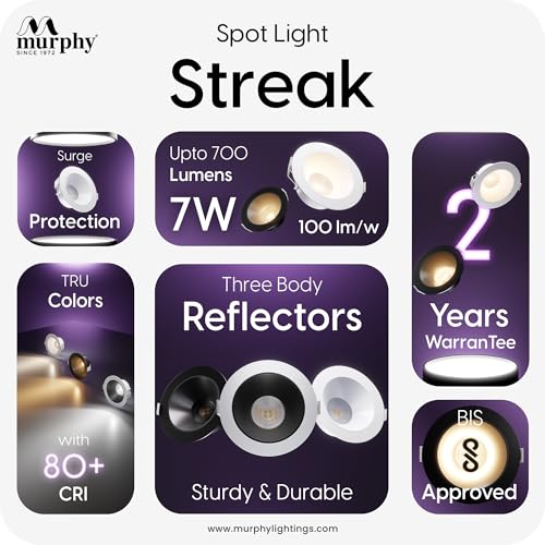 Image of Murphy 7W Streak LED Down Light BL+Black Finish, Natural White Light, Round, Pack of 5, Recessed Ceiling LED Light, Suited for 3 inch Junction Box /Concealed Box (2 Years Warranty)