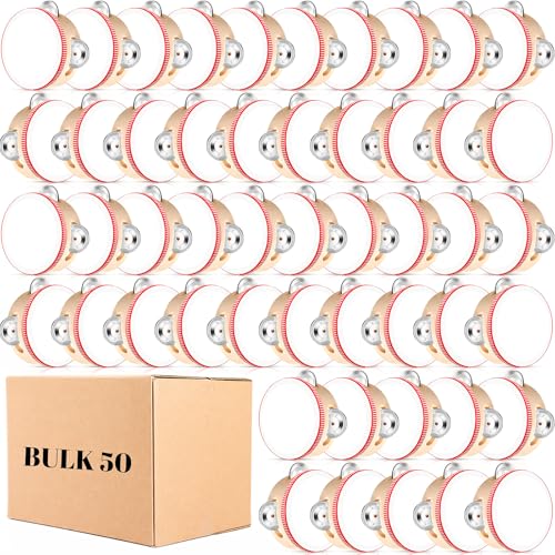 Lukmaa 50 Pcs 4 Inch Wedding Tambourine Bulk for Adults Mini Hand Held Percussion Gifts Wooden Metal Jingles Musical Educational Drum Instrument for Wedding Church Party Favor(Red)