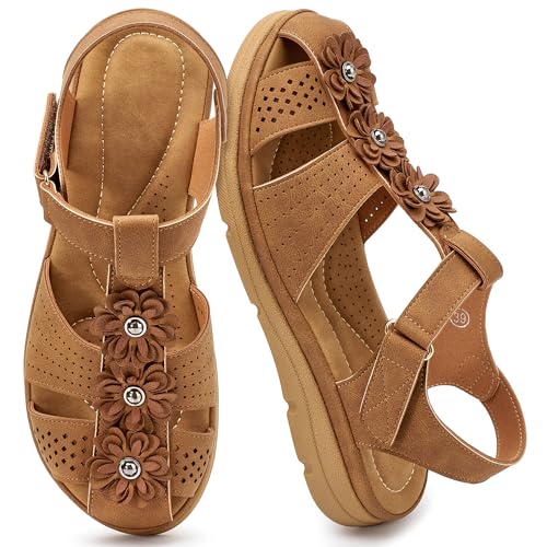 Zorfe Womens Flat Sandals Dressy: Comfortable Ankle Strap Closed Toe Summer Flower Flats Sandal Casual Fisherman Outdoor Walking Shoes