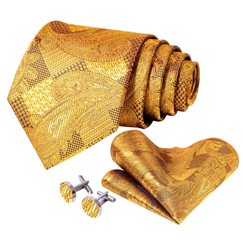 Image of 5PCS Tie and Pocket Square for Men, Silk Necktie and Handkerchief Cufflinks with Gold Ring and Lapel Pin Set