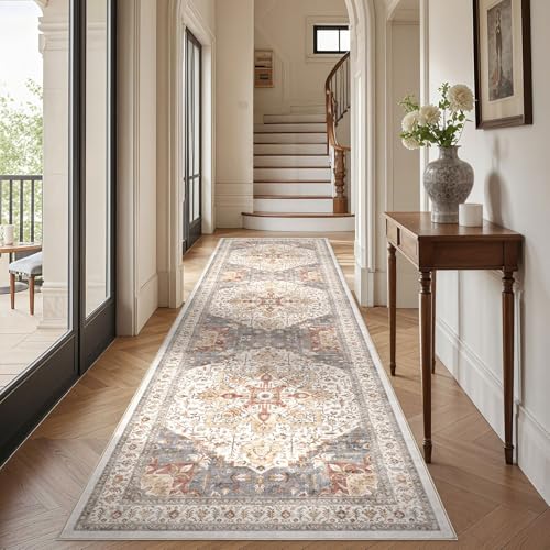 Tortania Area Rug 3x12 Runner Rugs - Washable Vintage Oriental Farmhouse Thin Indoor Carpet for Living Room Bedroom Hallway Entryway Kitchen Under Dining Table Home Office - Orange Multi