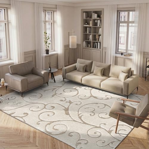 SAFAVIEH Florida Shag Collection Area Rug - 5'3' x 7'6', Cream & Beige, Scroll Design, Non-Shedding & Easy to Clean, High-Low Plush Pile, Ideal for Living Room, Bedroom, Dining Space (SG455-1113)