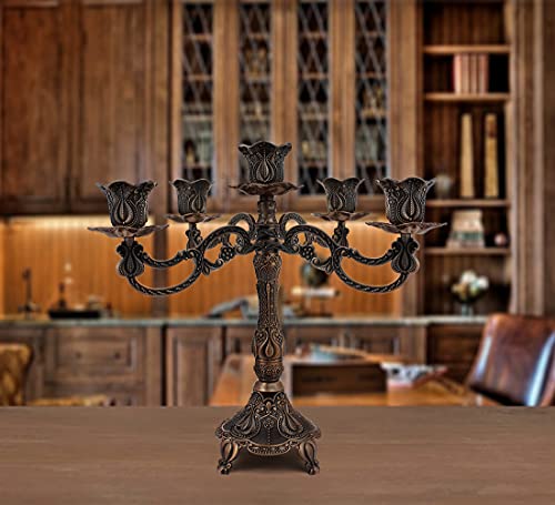 FANWNKI 5-Candle Metal Candelabra 10.3 Inch Tall Candlestick Candle Holders for Home Decor Wedding Christmas Church Halloween Party, Red Bronze Tulip