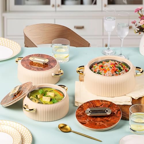 Image of CELLO Castella Insulated Steel Casserole Set of 3 Pcs (1000ml, 1000ml, 1500ml) Gold Beige | Airtight Lid Hot Pot Case Keeps Food Hot & Warm for Long Hours, Casserole Set for Roti Chapati Rice Biryani