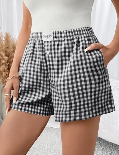 Image of LOMON Boxer Shorts for Women Summer Gingham Pajamas 2026 Lounge Sleep Pj Plaid Shorts Y2K Beach Bottoms with Pockets