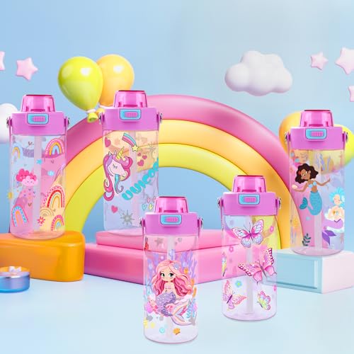 Queenshin Girls Unicorn Water Bottle for School 20oz BPA-Free Tritan Outdoor Kids Sports Water Cup Leak Proof with Straw Lid Handle Pop-Up Spout Cover