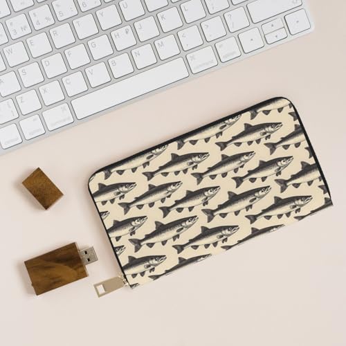 Leather Thin Slim Wallets for Women Men - Fashion Realistic Hand-Drawn Fish Print Card Wallet Holder with Zipper4