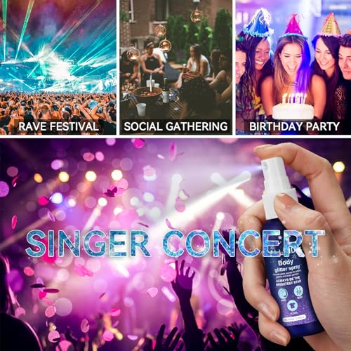Body Glitter, Face Glitter Spray, Body Glitter Spray for Clothes, Hair and Body, 60ml Long-Lasting Glitter Makeup, Body Shimmer Spray Rave Accessories for Festival Concert Halloween Party - Image 3