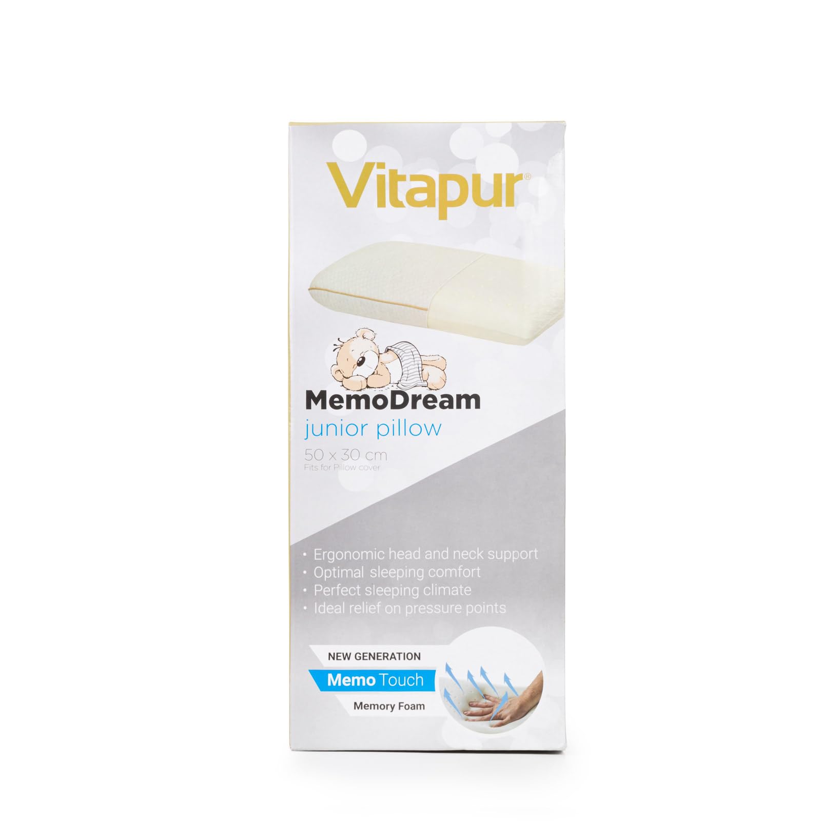 Oreiller Enfant Vitapur MemoDream Junior, Mousse Mémoire de Forme Hypoallergénique, Doux, Lavable, Certifié Oekotex-100, de 3 Ans, 30x50x9 cm.