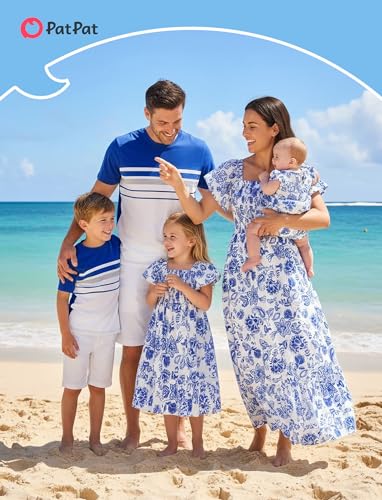 Image of PATPAT Family Matching Outfits Mommy and Me Dresses Floral Dress & T-Shirts | Mommy and Me Easter Dresses, Puff Sleeve Floral Sundress, Cotton Blend T-shirts, Couples Party Wedding Vacation Outfits