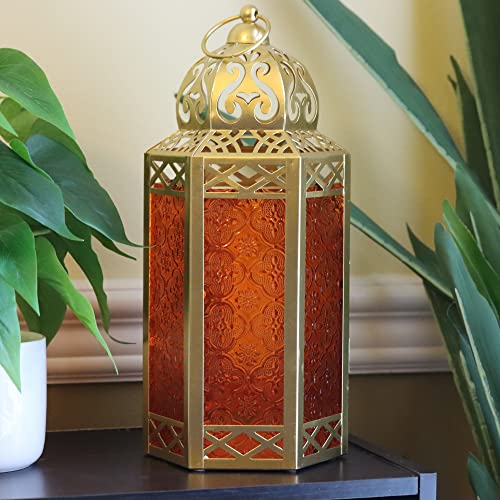Vela Lanterns Faroles portavelas decorativos marroquíes de metal para decoración del hogar, patio, bodas, dorado, cristal ámbar, grandes
