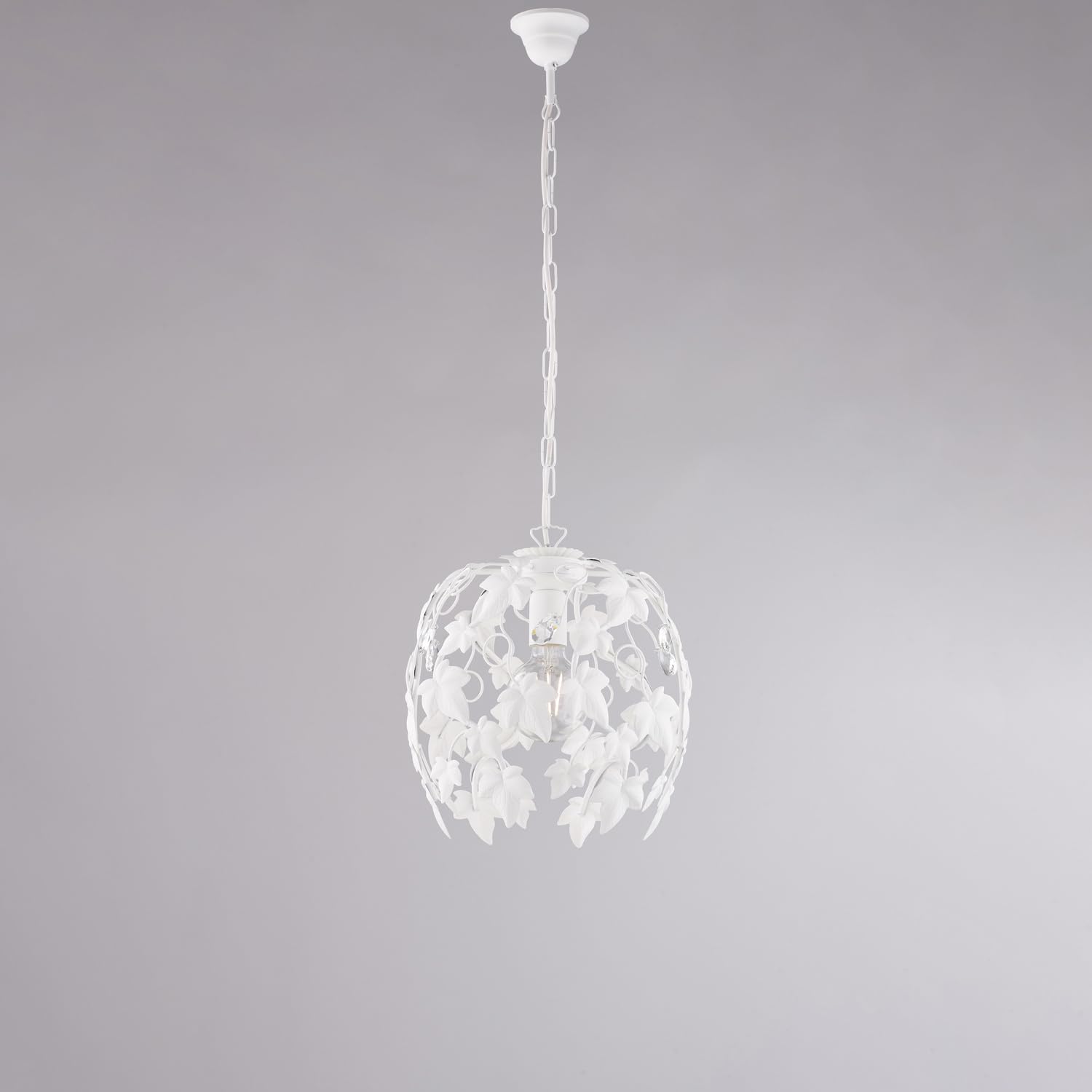 Lampadario Shabby 1 Luce Ferro Battuto Bianco Con Foglie E Cristalli