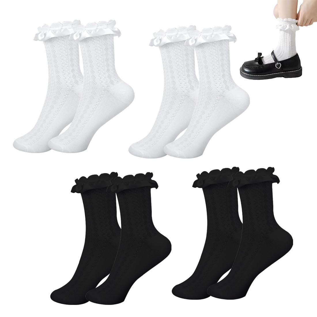 Calzini Da Donna In Pizzo Con Volant – 4 Paia (2 Bianchi E 2 Neri) In Cotone 78%, Elastici E Traspiranti, Per Tutte Le Occasioni