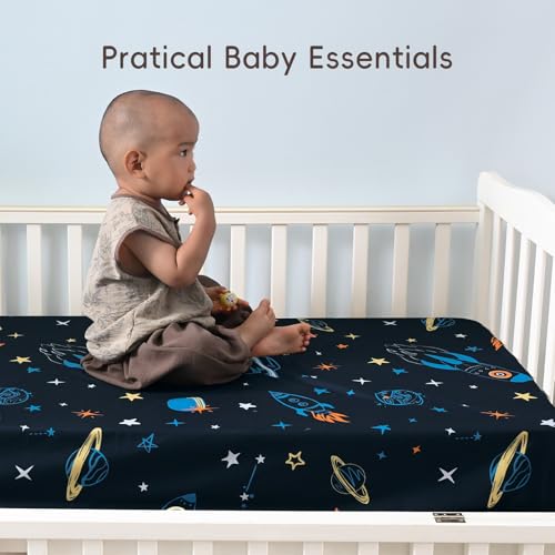 Image of david's kids 4 Pack Fitted Crib Sheets, Ultra Soft Breathable Comfortable Baby Sheet Set for Boys Girls Neutral, 28x52 Inch Fits Standard Crib and Toddler Mattresses, Navy Space