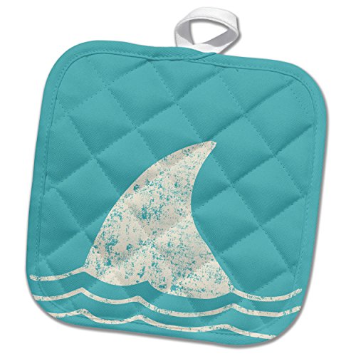 3dRose White Shark Fin and Waves-Ocean and Animals Illustration Potholder, 8 x 8