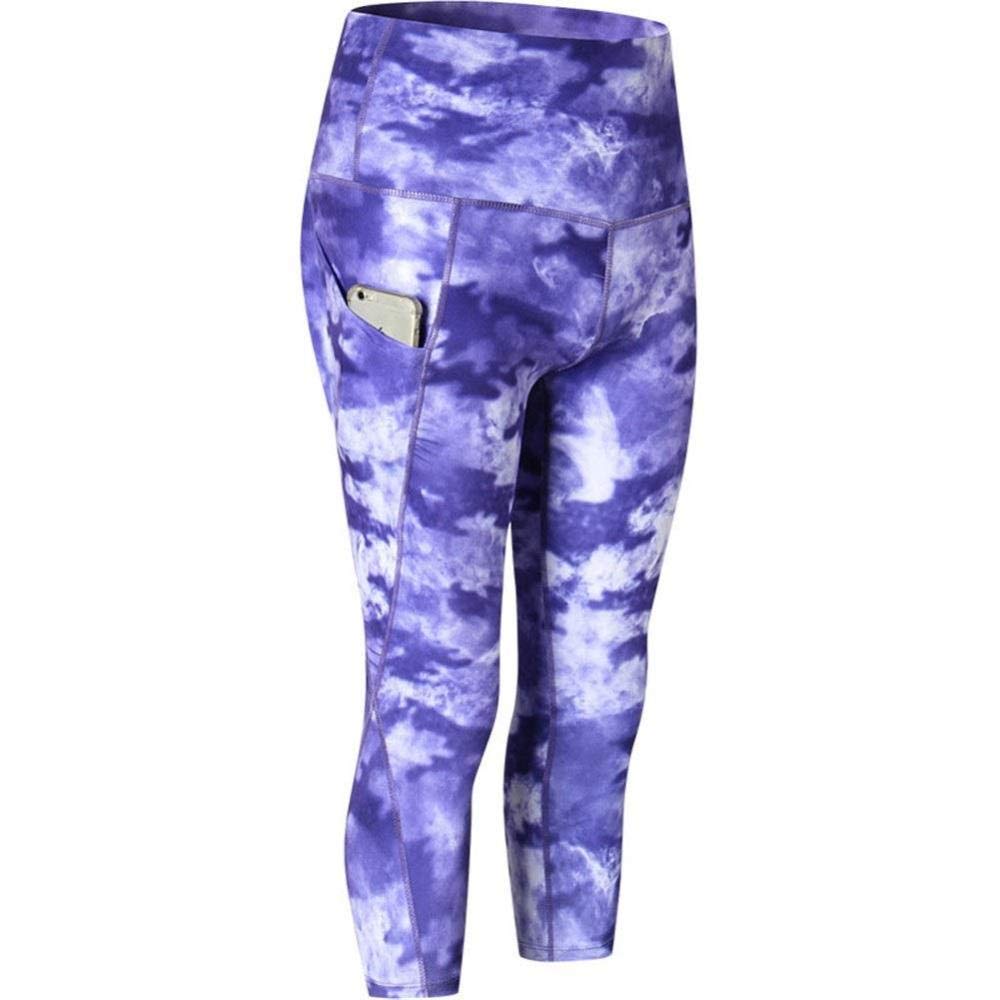 Yogahosen Damen, Frauen Print High Waist Dance Cropped Pants Schräge Tasche Fitness Laufen Yoga Ultra Stretch Atmungsaktivität Soft Sports Quick Dry Strumpfhose,Ink Blue-L