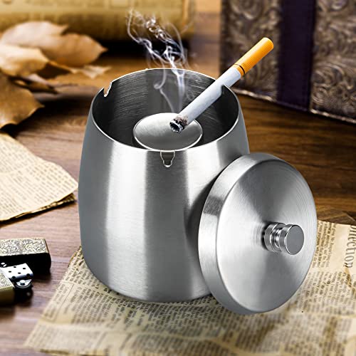 Ashtray With Lid For Cigarette Stainless Steel Outdoor Ash Tray Windproof Smokeless Odorless Iron Ashtrays For Cigarettes Outside Patio Home Office Tabletop Balcony (Grey, Medium) #TOP1