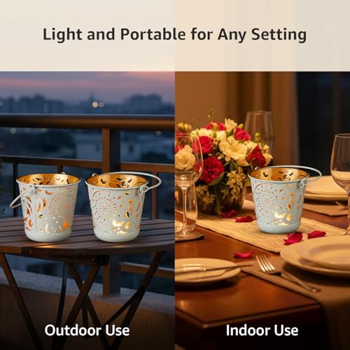 Image of Amazon Brand - Solimo Tea Light Votive - Round Shape with Handle, White Powder-Coated Iron with Gold Interior, Set of 2 (Size: L-11 cm x W-11 cm x H-10 cm)