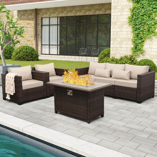 4 Pieces Outdoor Patio Furniture Set 43 in Outdoor Fire Pits Wicker Outdoor Furniture Chairs and Sofa 60000 BTU Outdoor Propane Fire Pit Table Non-Slip Cushions and Waterproof Covers, Khaki