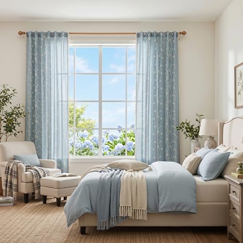 Image of MYSKY HOME Dusty Blue Boho Curtains 96 Inch Length Linen Blend for Bedroom