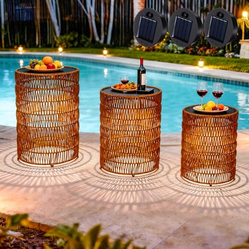 3 Pack Solar Outdoor Side Table with Integrated Glow Lights Set Poolside Side End Table Waterproof Rattan Nesting Accent Table for Patio Poolside Backyard Porch Garden Balcony Indoor Outdoor Use