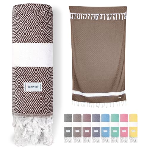 jazzylab ELMAS Peshtemal Hammam Towel | 100% Cotton with Classic Diamond Pattern | Lightweight, Quick-Dry & Compact | Turkish Spa & Travel Towel | Hand-Knotted Fringes | 90x180 cm - Brown,