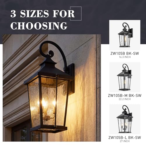 Image of zeyu 27 Inch Outdoor Wall Sconce, Large Exterior Wall Light for Porch Patio, 3-Light Outdoor Wall Lighting with Water Ripple Glass in Black Finish, ZW105B-L BK-SW
