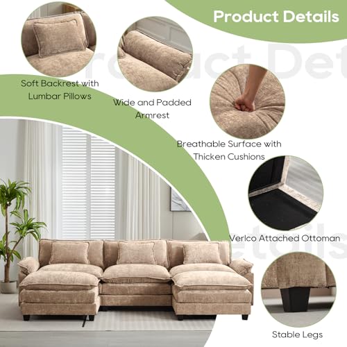 Image of Oprisen 120 inch Modular Sectional Sofa, Comfy Cloud Couch Sectional Sofa with Ottoman, Chenille Sofa Sleeper Deep Seat Sofa with Throw Pillows for Living Room (Khaki, 120 inch- U Shape)