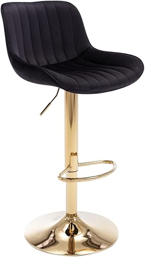 Miniatura 9 de Kiztir Juego de 4 taburetes de bar de terciopelo dorado, taburetes de bar ajustables con respaldo y reposapiés, taburetes de bar giratorios dorados