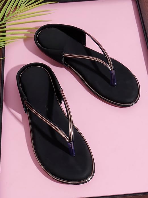 Image of Women's Brown Flip Flop Sandals, Thong Style, Metallic Strap, Casual Flat Footwear