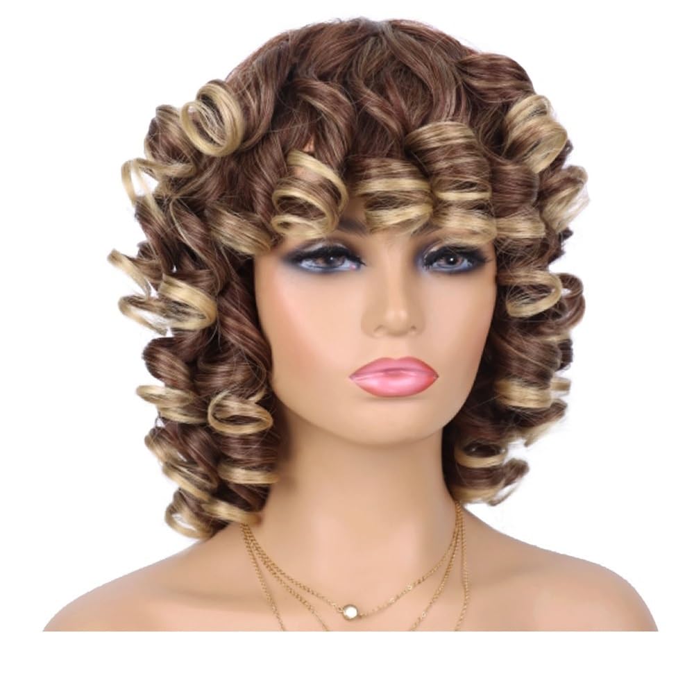 xiuling4568 Short Curly Wig with Bangs for Black Women Soft Big Curly Heat Resistant Natural Looking Synthetic Wigs Hairs Extensions(Brown with blonde)