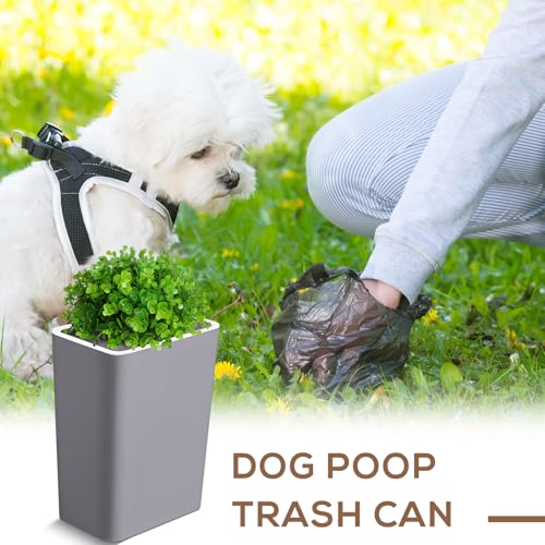 Image of Jingmore Dog Poop Trash Can Outside 3.96 Gal /15 L Plant Styled Dog Waste Trash Can with Lid 50 Waste Bags Outdoor Indoor Poop Container Slim Garbage Bin for Yard Garden Pet (Gray)