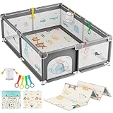JUPPLIES Parque Infantil Bebe 150x180cm + Alfombra Bebe + 5 Agarraderas – Corralito Bebe con Malla Transpirable – Parque de Juegos Bebe Plegable con Puerta Lateral – Playpen Bebe - Gris