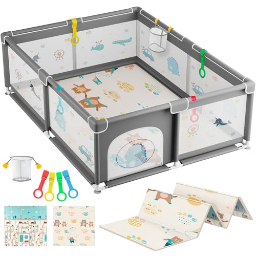 JUPPLIES Parque Infantil Bebé 150x180cm + Alfombra Bebe + Agarraderas + Canasta - Corralito Bebe con Dibujos y Malla Transpirable - Gris
