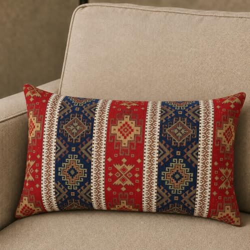 pillowerus Tapestry Throw Pillow Cover 20" x 12" Pack of 1, Red-Blue Decorative Vintage Patterned Lumbar Pillowcase, Boho Farmhouse Tapestry Cushion Case for Couch Sofa Bed Home Decor